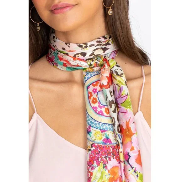Johnny Was Silk Wild Garden Scarf Floral Pink Square Beige Tassel